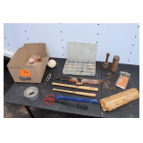 Fishing Lures, Plastic Tackle Box, Back Scratcher, Wooden Meat Masher, (2) Wooden Louisville Slugger Bats, Wooden Wedges, and Misc.