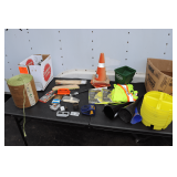 #6 Baler Twine, Funnels, Cones, Circular Plastic Tool Trays, Safety Vests, Push Pins, Scotts Seed Spreader, and Misc.