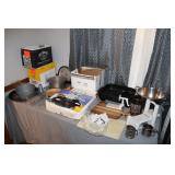 Wooden Cutting Board, Electric Skillet, Cake Molds, Stainless Strainer, Fryer Basket, Sifter, Pressure Cooker, Fondue Pots, and Misc.