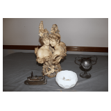 Porcelain Bust, White Bowl, Tom Wagner Metal Cup, and Metal Louisville Steam Boat Figurine