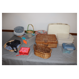 Wicker Baskets, Easter Basket, Picnic Basket, Hardshell Suitcase, Plastic Totes, and Misc.