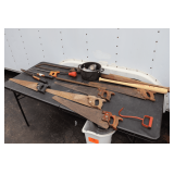 Disston Hand Saw, Louisville Red Birds Wooden Bat, Hand Saws, Pruners, Zip Ties, Waste Basket, Hay Bale Hook, and Misc.