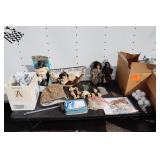 Porcelain Native American Dolls, Native American Figurines, Millionaire Stuffed Bear, Cardboard Bobbins, Yarn, Marbles, Fabric, Decorations, Arts and Craft Supplies, and Misc.