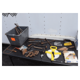 Measuring Tape, Coping Saws, Draw Knife, 4 Way Lug Wrench, C Clamps, Arrow Model T50 Staple Gun, Hand Saws, and Misc.