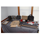 Canes, Maker's Mark Wax Dipped Glasses, Decorative Glasses, Kosair Hat Box, Dremel Shoe Polisher, Hand Bags, Clarinet Pieces, and Misc.