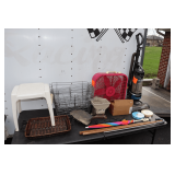 Eureka Vacuum, Raffle Tickets, Canes, Yard Stick, Wicker Serving Tray, Box Fan, Handy Spreader, Umbrella, Shovel Head, and Misc.