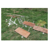 (3) Mounted Shower Benches, Shower Handles, (2) Cast Iron Bench Frames, Wooden Spindles, and Misc.