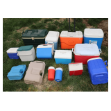 Various Size Igloo, Rubbermaid, and Coleman Coolers, 3 Gallon Rubbermaid Fuel Can, and 6 Gallon Rubbermaid Fuel Can