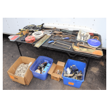 Grease Gun, Pry Bars, Socket Clips, Detail Wire Brushes, Coping Saws, Hand Saws, Bolt Cutters, Hoof Cutters, 15 Inch Crestoloy Wrench, Claw Hammer, Workforce Screw Drivers and Screw Bits, and Misc.