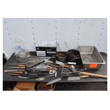 (2) Commercial Aluminum Pots, 13 Inch x 21 Inch Stainless Cooking Pan, Zig Zag Potato Masher, Whisks, Knives, and Misc. Kitchen Utensils
