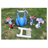 Spider-Man Big Wheel, Step Stool, Dareway Electric Scooter, and (2) Big Wheels