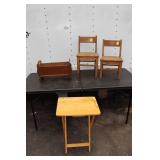 Wooden Doll Rocking Cradle, (2) Wooden Chairs, and TV Dinner Tray