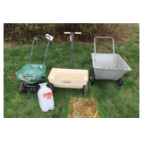 Scotts Turf Builder Spreader, Nursery and Crafts Spreader, 2 Gallon Hand Sprayer, and 2 Wheel Lawn Cart