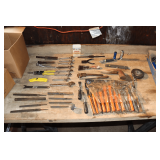 Adjustable Wrenches, Chisels, Sharpening Stones, Box Cutter, Measuring Tape, 3/8 Inch Hook, and Misc.