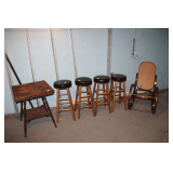 (4) Cushioned Stools, Wicker Back Wooden Rocking Chair, and 2 Tier Wooden Table