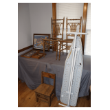 (2) Decorative Chairs, (3) Framed Pictures, Wooden Chair, and Ironing Board