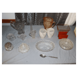 Carnival Glass Pitcher, Glass Pitcher, Candy Dishes, Napkin Holder, Lamp Globes, and Misc. Glassware