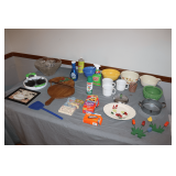 Stoneware Bowls, Mugs, Punch Bowl, Decorative Serving Plate, Melon Slicer, Wooden Flower Decoration, and Misc.
