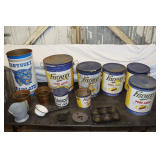 Fischer's Lard Tins, Kentucky Wildcats Tin, Copper Buckets, 4 Inch Cast Iron Skillet, Muffin Pan, and Misc.