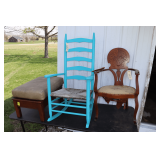 Wooden Rocking Chair, Stool with Leather Top, and Wooden Chair with Cloth Seat
