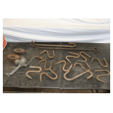 (2) Sad Irons, No. W12 Winchester Meat Grinder, Metal Hooks, and Stove Poker