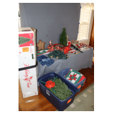 Artificial Christmas Trees, Trays, Figurines, Lights, Table Runner, and Misc. Decorations