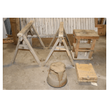 (2) Wooden Saw Horses, Three Tier Wooden Cart, Wooden Ammo Box, and Two-Step Metal Stool