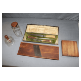 Dickinson Stag Handle Carving Set, Kraut Cutter, Glass Butter Mold, Copper Top Cutting Board, and Apothecary Bottle