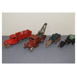 Cast Iron Truck, Wrecker, and Horse and Goat Drawn Wagons