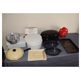 Tupperware Containers, Enamelware and Graniteware Roasters, Quesadilla Maker,  Club Aluminum Skillet with Lid, Angel Food Cake Pan, Cookie Sheet and Microwave Bacon Tray