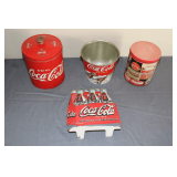 Coca Cola Tins, Bucket, and Cast Iron Doorstop