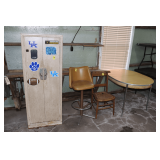 Retro Dinette Table with Leaf, 2 Door Metal Cabinet, Swivel Bar Stool, and Wicker Bottom Chair