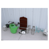 Quart Canning Jars, Watering Cans, Concrete Bulldog, and Spoon Display