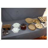 Pampered Chef Dishes, Corningware Casserole Dishes, West Bend Bean Pot, Furniture Slides, Hotpoint Iron, and Brass Tone Wall Hangings