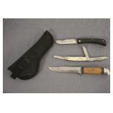 Single Blade German Eye, (3) Blade Ranger Folding Pocket Knives, and Western Fixed Blade Knife in Pistol Holster