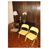 (3) Metal Folding Chairs, Folding Table, Electric Lamp, and Artificial Flower