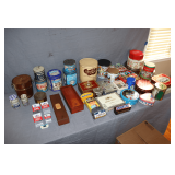 Assorted Tins, Wooden Ice Bucket, and Wooden Boxes