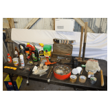 (2) Sledge Hammers, Metal Tool Box with Tray, Circular Tin with Lid, Grass Killer, Vehicle Cleaning Supplies, Tape Measures, Metal Screws, Sewer Snake, and Misc.