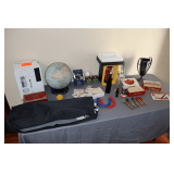 World Globe, Cigar Boxes, Cigars, Horse Shoes, Stamps, Badminton Net and Shuttlecocks, 1913 Silver Plate Award, and Misc.