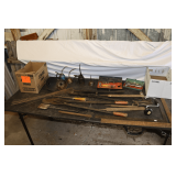Bolt Cutters, (4) Oil Cans, Speed Squares, Hand Drill, Files, Allen Wrenches, 3/8 Inch Ratchets and Sockets, and Misc.