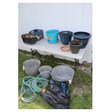Plastic Flower Pot, Cast Iron Planter, Galvanized Tubs, Water Hoses, and Milk Crate
