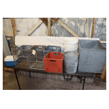 (4) Plastic Milk Crates, (2) Metal Milk Crates, (4) Aluminum Buckets, Amana Metal Freezer Basket, (3) Plastic Buckets, and Rubbermaid Cooler