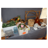 Baskets, Needlepoint and Cross Stitch Hoops, Fan, Metal File Box, Plaster Wall Shelf, Artificial Flowers, and Misc.