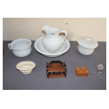 Alfred Meakin Royal Ironstone Pitcher, Basin and Chamberpot, Goodwin Bros. Chamber Pot with Lid, and Wooden Boxes and Planter