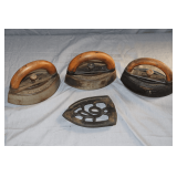 (3) Sad Irons with Wood Handle and Stand