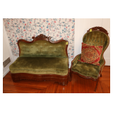 Victorian Style Mahogany Loveseat on Wheels and Armchair with Pillow