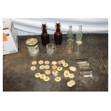 Coca Cola '3' Tell City Inch Glass Bottle, Coca Cola 'C' Central City, KY Glass Bottle, (2) Glass Milk Bottles, Ditto Diary Hardinsburg, KY Milk Glass Taps, Kentucky Shirt Pins, Various Beer Metal Bot