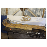 7 Ft. Wooden Sled, Daiwa AC80 Fishing Reel and Rod, Zebco Micro 11 Fishing Reel and Rod, 18.5 Inch Wide Metal Tool Box Tray, Electrical Cord, and Rope