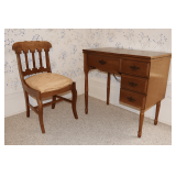 Wooden Sewing Machine Table with Sears Kenmore Sewing Machine and Cushioned Wooden Chair