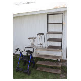 (2) Sets of Metal Shelves, (2) Metal Plant Stands, and Walker with Seat